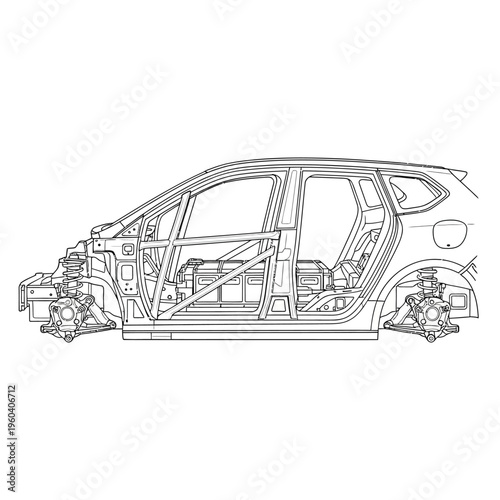 Technical illustration of an automotive chassis and internal structural frame, highlighting the engineering design for vehicle integrity, performance, and safety systems