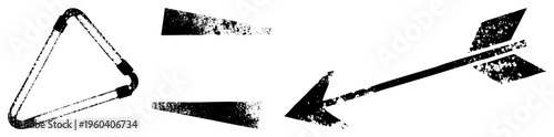 Distressed black vector shapes including triangle, arrow, and geometric fragments, isolated on transparent background, gritty texture, graphic design elements.