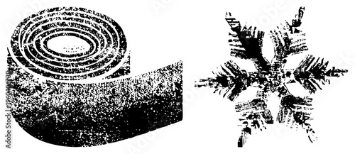 Black and white halftone snowflake and spiral, vector art, graphic design elements, isolated, textured shapes, print ready illustration.