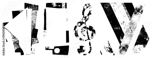 Fragmented musical notation, treble clef and notes, distressed black and white graphic, vector art, music typography, stylized symbols, artistic composition.