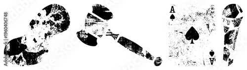 Broken playing cards, Ace of Spades, judicial gavel, fragmented shapes, gritty texture, legal or gambling theme, isolated vector elements.