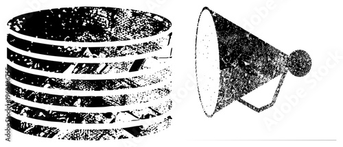 Digital database stack with megaphone, data broadcasting, information, tech communication, vector halftone graphic.