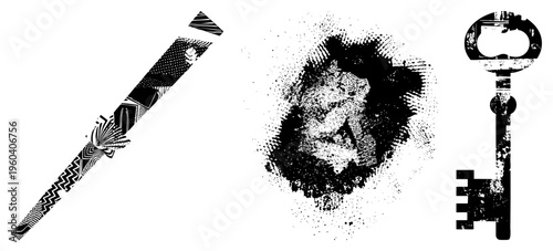 Vector set of three stylized key with distressed texture, wand with geometric motifs, halftone portrait bust. Isolated graphic elements for design projects.