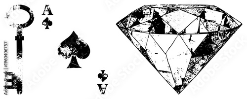 Antique skeleton key, Ace of Spades card symbol, spade suit, diamond gem illustration, distressed vector art, black and white graphic, symbolic objects.