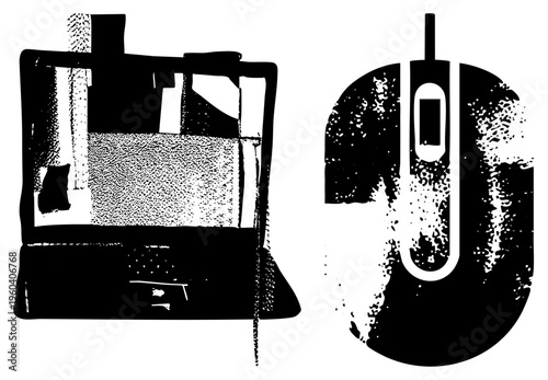 Retro computer devices rendered in black and white, halftone dot, digital, tech nostalgia, vintage computing, isolated vector.