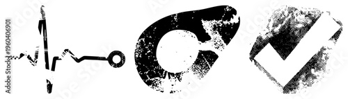 Stylized black vector including EKG, circular void shape, and checkmark symbol, rendered with halftone grain texture for graphic design.