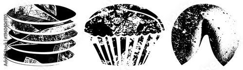 Black and white halftone graphic of stacked plates, frosted cupcake, and fortune cookie, stylized vector illustration, food, kitchen items, retro print.