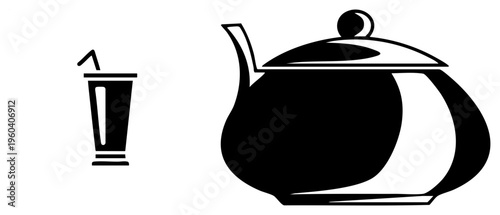 Tea kettle with lid and handle, cocktail glass with straw, minimalist drinkware, beverage service symbols, flat design vector graphics.