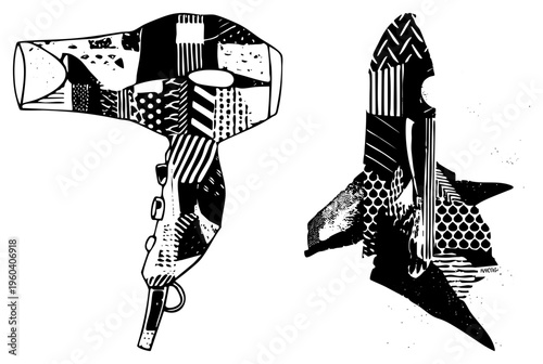 Black and white vector illustration of a hair dryer and adorned with geometric, bold, and high contrast textures, ideal for graphic design or print.