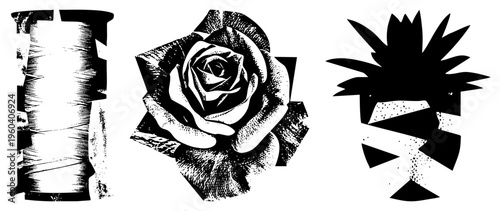 Black and white vector art detailed rose, textured spool, stylized burst halftone, bold silhouettes, intricate shading.