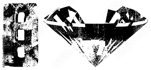 Graphic design featuring a diamond cutout and film strip, textured with halftone grain, ideal for retro or vintage branding.