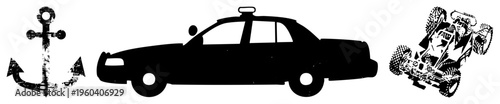 Vector featuring anchor, taxi, and buggy, rendered as black silhouettes, isolated foreground elements, ideal for graphic design, web UI, or print.