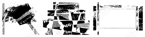 Fragmented black and white graphic forms, stylized geometric blocks, textured halftone fills, modern art composition, vector art piece.