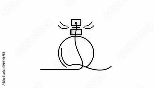 Minimalist perfume bottle icon with flowing line and sound waves, elegant design