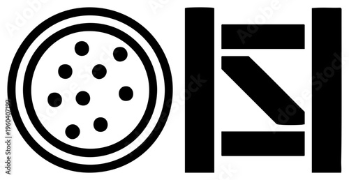 Abstract glyph combining circular shape with seven dots inside and angular geometric form flat vector, modern design, digital symbol, UI element, minimalist aesthetic.