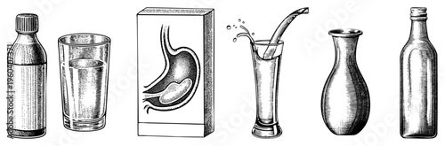 Retro style anatomical diagram of stomach inside box, paired with vintage bottles, glasses, and pouring drink. Medical education, digestive system, historical illustration, antique engraving.