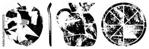 Stylized and citrus slices rendered in fragmented, distressed vector forms digital glitch art, halftone texture, graphic design elements.