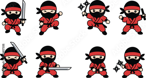 Cute cartoon red ninja character collection set with various weapon poses and martial arts actions isolated on white
