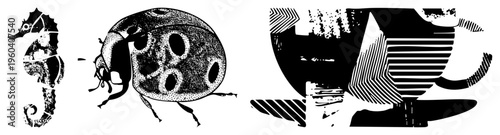 Classic screen printed halftone art featuring seahorse, ladybug, and teapot, vector graphic, retro style, isolated elements, artistic print design.