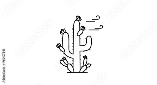 Minimalist Line Art Saguaro Cactus with Blooming Flowers and Wind Lines