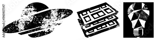 Retro futuristic with distressed texture flying saucer, electronic circuitry, and faceted light bulb. Vector symbols for tech, sci fi, innovation themes.