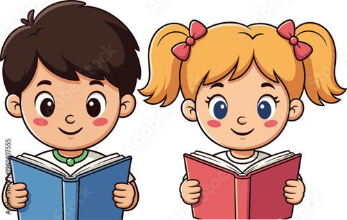 Happy cartoon children boy and girl reading books for education and literacy concept isolated on white background vector
