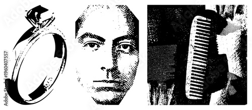 Vector halftone graphic of diamond ring, stylized face, and hairbrush,, bold, isolated elements, graphic design, print art.