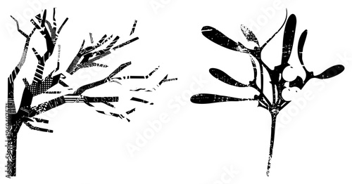 Artistic black and white vector illustration of leafless tree branches and mistletoe with berries, featuring halftone textures and fragmented, ideal for holiday or nature themed designs.