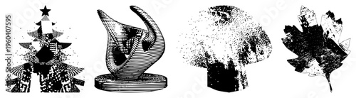 Vector art with halftone textures, stylized trees, abstract leaves, and sculptural forms. graphic elements with fills and isolated shapes for design use.