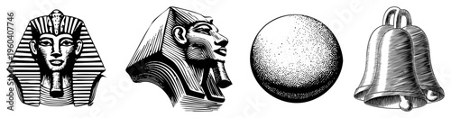 Egyptian pharaoh busts with headdresses, spherical form with halftone shading, vintage bells with handles, engraved vector illustration, historical, graphic design elements.