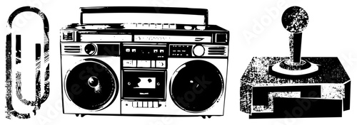 Classic boombox with cassette deck, retro gaming joystick, and cassette tape player, vector graphic with halftone texture, 80s nostalgia, isolated tech.
