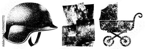 Dot matrix rendered military helmet, crumpled vintage paper texture, classic baby carriage with curved handle, halftone style, isolated foreground elements.