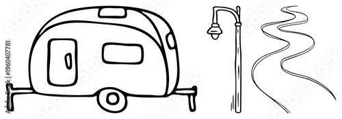 Retro camper trailer, vintage street lamp, curving road, travel theme, minimalist, road trip set, vector sketch.