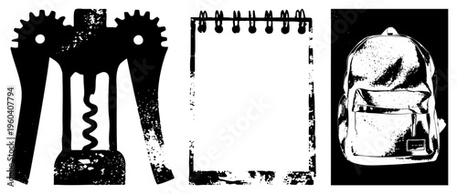 Mechanical corkscrew with gear handles, blank spiral bound notebook, textured backpack with front pocket, all in high contrast vector style.