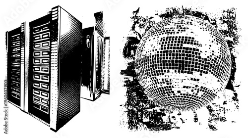 Vintage computer server rack with perforated panels, paired with a disco ball mosaic, rendered in bold halftone style, ideal for retro tech or party themes.