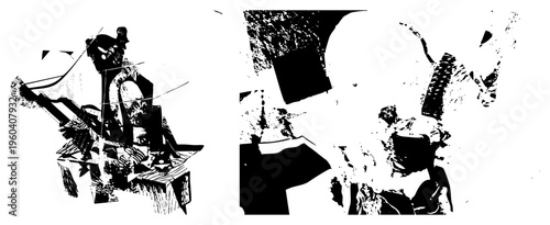 Fragmented abstract sculpture with bold geometric shapes, halftone texture, vector art, isolated graphic, modern art piece, stark contrast, graphic design element.