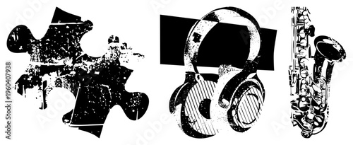 Grunge style halftone illustrations of puzzle piece, over ear headphones, and saxophone, isolated vector art, graphic design, music and entertainment.