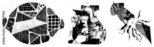 Stylized fish with segments, samurai in armor holding sword, ink drawn octopus with textured tentacles all in vector art with halftone and stipple effects.