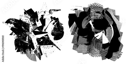 Fragmented abstract composition with halftone, bold black geometric shapes, vector art, graphic design elements, stylized forms.