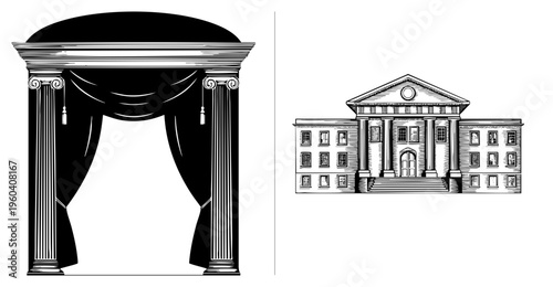 Black draped theater curtain framed by Ionic columns, stage backdrop, classical architecture, neoclassical building, formal entrance, symmetrical facade, ornate design.