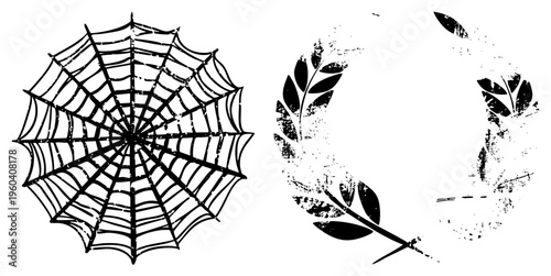 Black and white vector featuring a radial spider web and laurel wreath, both rendered with gritty texture, ideal for horror or classical design projects.
