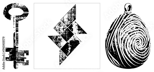 Three grungy vector antique key, swastika symbol, spiral pendant. High contrast, distressed textures. Ideal for graphic design or symbolic art projects.