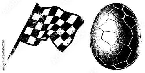 Waving checkered flag symbolizing race finish, soccer ball with panel, halftone style, sport graphics, racing and football.