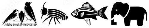 Four stylized animal in, flat vector design swallows, fly, fish, elephant ideal for logos or UI elements.