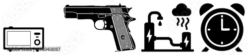 Vector depicting microwave, handgun, electric water heater with rain, and analog alarm clock, minimalist flat design, isolated symbols for UI or infographics.
