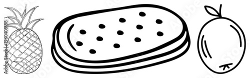 , watermelon slice, orange illustrated in clean black, fruit illustration, tropical produce, simple sketch, food graphic.