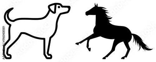 Vector illustration of a dog and horse silhouette, minimalist animal graphics, pet and equestrian symbols, flat design.