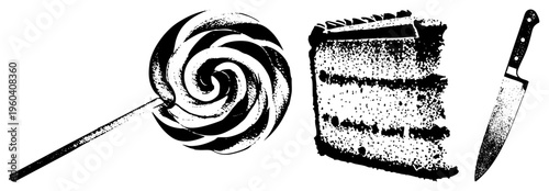 Bold black and white halftone retro illustration swirled lollipop, cake slice, chef’s knife, stippled texture. Sweet treats & baking tools in vintage style.