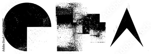 Three stylized forms curved segment, fragmented squares, sharp arrow rendered with halftone grain. Minimalist vector art, graphic design elements, digital illustration.