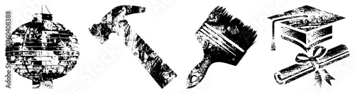 Stylized lantern, hammer, paintbrush, graduation cap and diploma in gritty halftone texture, graphic for education, craftsmanship, art, and celebration.